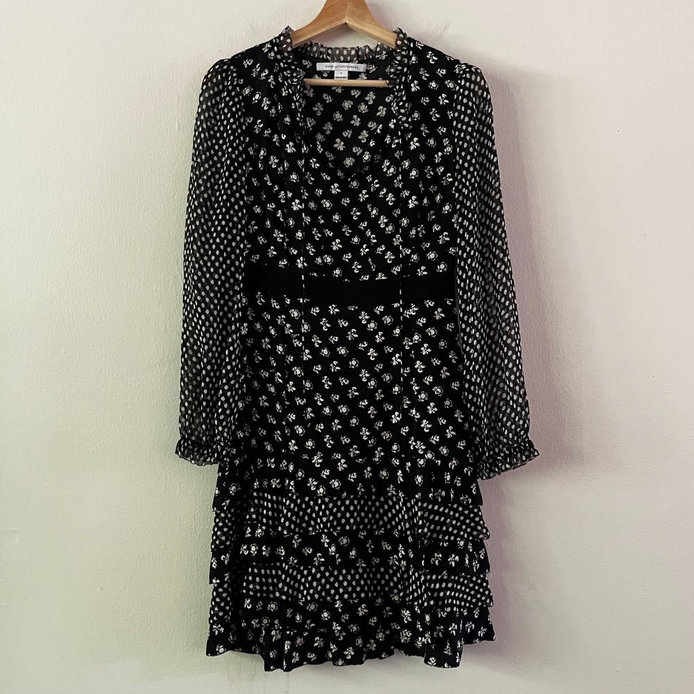 Diane von Furstenberg Fionna Dress Silk Floral Ruffle Tiered Long Sleeve size 2 - Picture 2 of 16